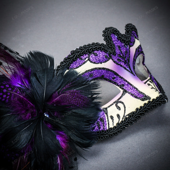 Venetian Black Side Feather Purple Glitter Women Eyes Mask Masquerade Prom Mask - Picture 4 of 4